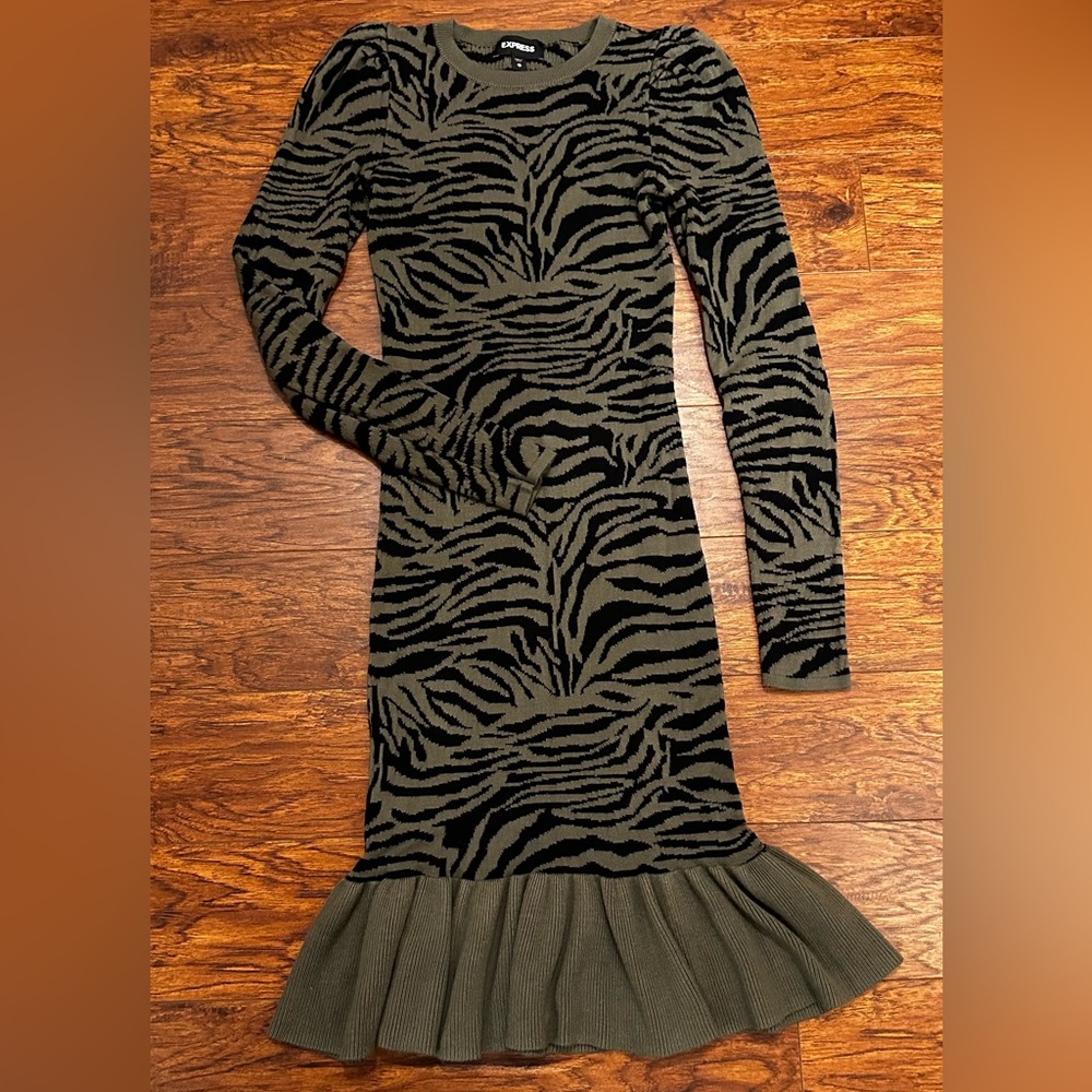 Express Olive and Black Zebra Long Sleeve Sweater Dress